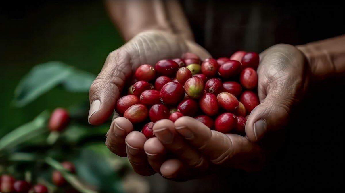 Cerejas de café colhidas à mão