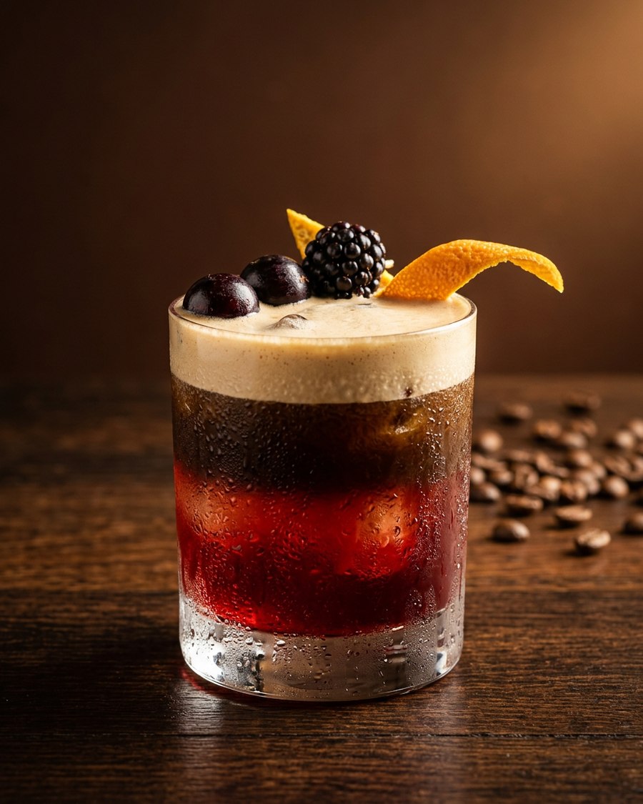 Vermelho do Cerrado, drink de Campari com cachaça amburana e jabuticaba